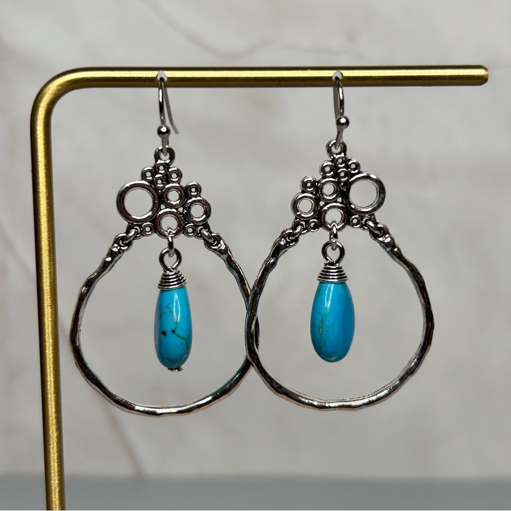 Elegant Silver Tone and Turquoise Stone Drop Earrings